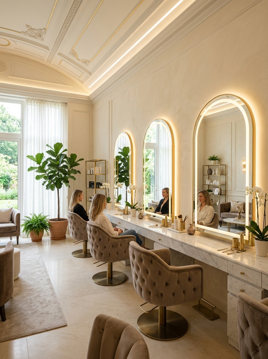 Refined aesthetic vanity mirrors and boutique studio interior
